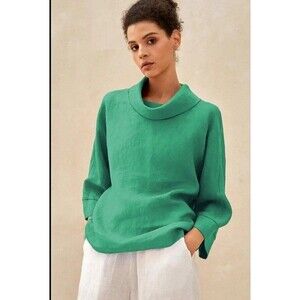 Lintico 100% Linen Top Size L Irish Green Dropped Collar Tristan Long Sleeve